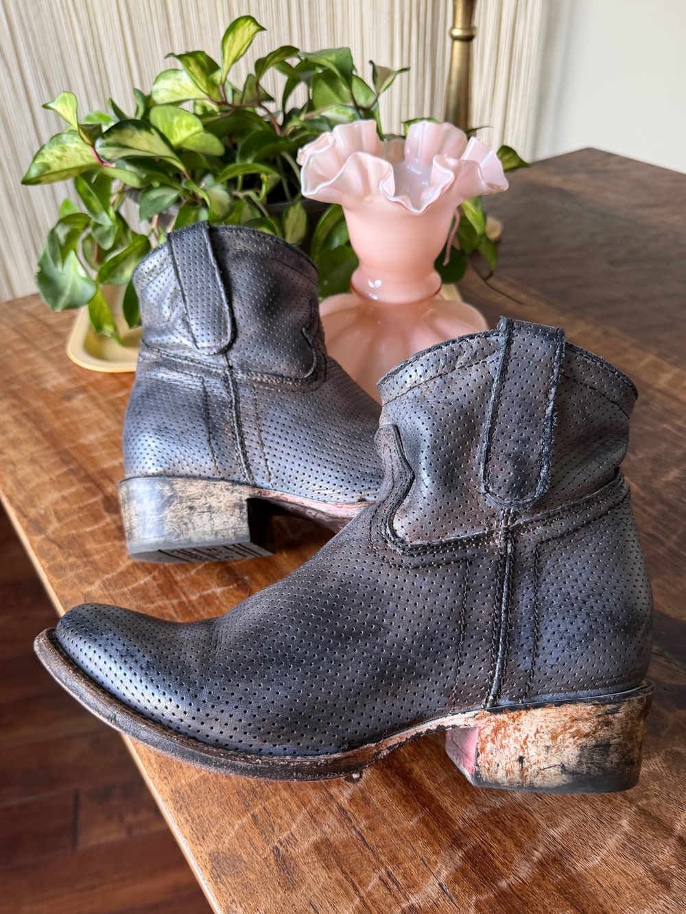 Corral Boots Perforated Rustic Painted Black Leather Ankle Boots 8.5